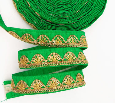 Green Art Silk Trim with Gold Embroidery and Sequins Indian Sari Border Trim By 3 Yards Decorative Trim Craft Lace